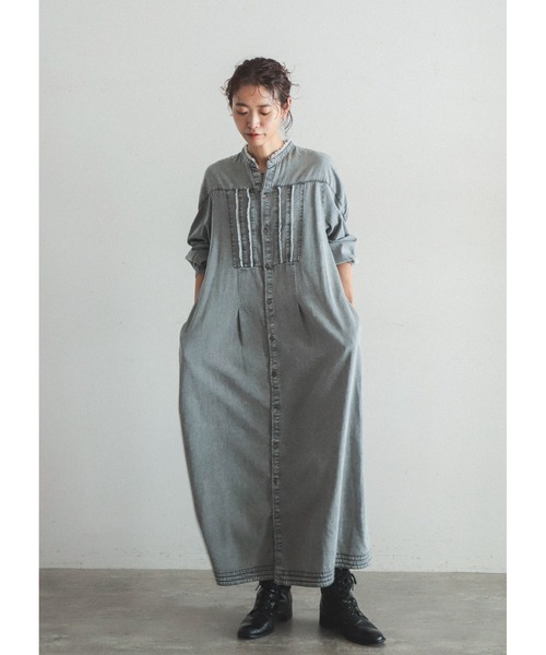 FIL DE FER（フィルデフェール）の「フリンジデニム　スタンドネックワンピース（シャツワンピース・レディース・ブラック/サックスブルー・FREE）」の2枚目の写真