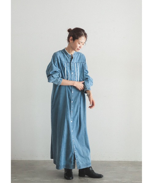FIL DE FER（フィルデフェール）の「フリンジデニム　スタンドネックワンピース（シャツワンピース・レディース・ブラック/サックスブルー・FREE）」の3枚目の写真