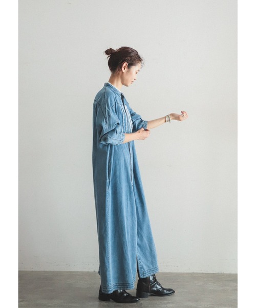 FIL DE FER（フィルデフェール）の「フリンジデニム　スタンドネックワンピース（シャツワンピース・レディース・ブラック/サックスブルー・FREE）」の5枚目の写真