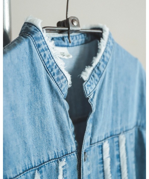 FIL DE FER（フィルデフェール）の「フリンジデニム　スタンドネックワンピース（シャツワンピース・レディース・ブラック/サックスブルー・FREE）」の8枚目の写真