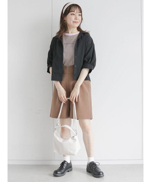 ehka sopo(エヘカソポ)の「リンガーロゴボーダーTシャツ(Tシャツ/カットソー・レディース・グリーン/ブラウン/ベージュ/ブラック・フリ-)」の6枚目の写真