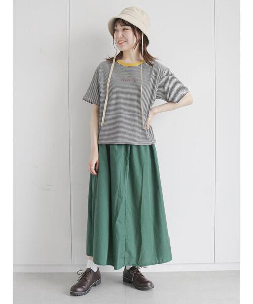 ehka sopo(エヘカソポ)の「リンガーロゴボーダーTシャツ(Tシャツ/カットソー・レディース・グリーン/ブラウン/ベージュ/ブラック・フリ-)」の19枚目の写真