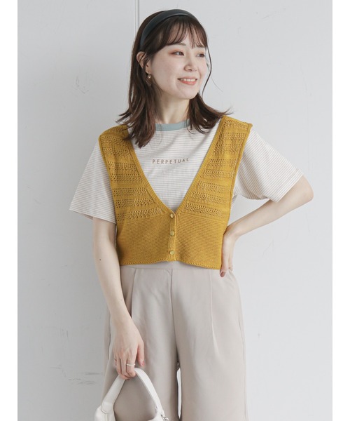 ehka sopo(エヘカソポ)の「リンガーロゴボーダーTシャツ(Tシャツ/カットソー・レディース・グリーン/ブラウン/ベージュ/ブラック・フリ-)」の3枚目の写真