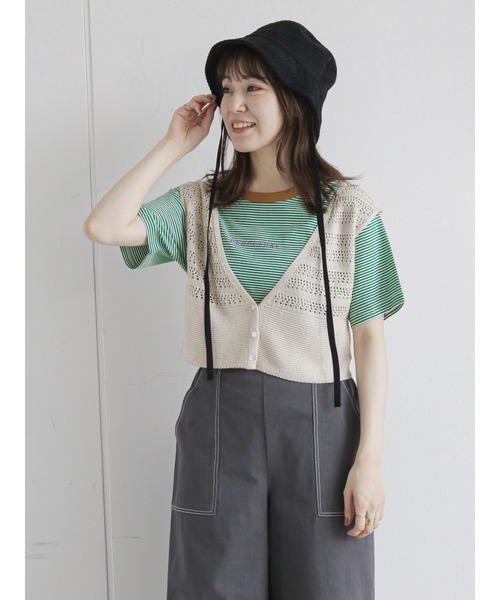ehka sopo(エヘカソポ)の「リンガーロゴボーダーTシャツ(Tシャツ/カットソー・レディース・グリーン/ブラウン/ベージュ/ブラック・フリ-)」の4枚目の写真