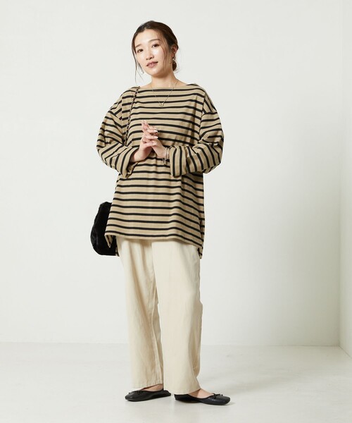 FREAK'S STORE(フリークスストア)の「【WEB限定】バスクボーダーチュニックロングスリーブTシャツ(Tシャツ/カットソー・レディース・ベージュ/オレンジ/グリーン/ネイビー/パープル/ストライプ・フリ-)」の7枚目の写真