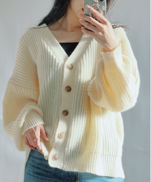 SETUP7（セットアップセブン）の「ざっくり編みとボリューム袖が旬。【SETUP7】片畦オーバーサイズニットカーディガン java nese chaco cardigan（カーディガン/ボレロ・レディース・ブラック/キャメル/グレイッシュベージュ/グレー/ホワイト・FREE）」の6枚目の写真