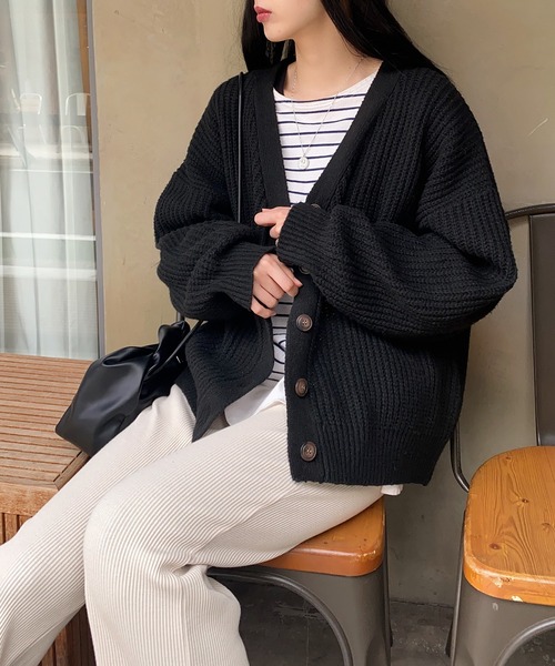 SETUP7（セットアップセブン）の「ざっくり編みとボリューム袖が旬。【SETUP7】片畦オーバーサイズニットカーディガン java nese chaco cardigan（カーディガン/ボレロ・レディース・ブラック/キャメル/グレイッシュベージュ/グレー/ホワイト・FREE）」の14枚目の写真