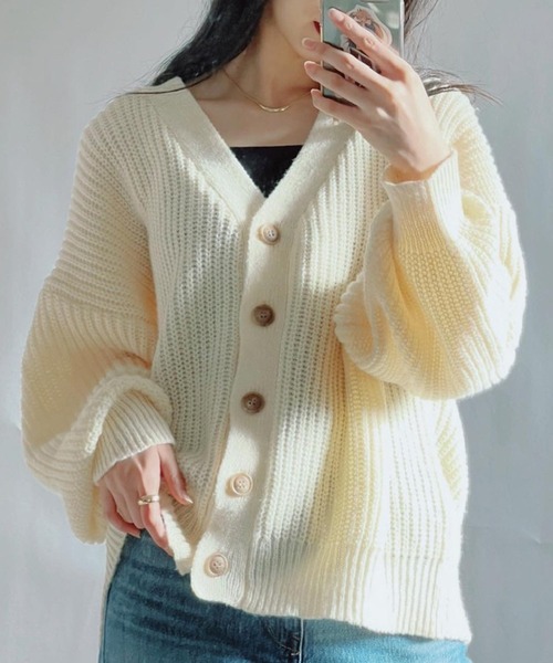 SETUP7（セットアップセブン）の「ざっくり編みとボリューム袖が旬。【SETUP7】片畦オーバーサイズニットカーディガン java nese chaco cardigan（カーディガン/ボレロ・レディース・ブラック/キャメル/グレイッシュベージュ/グレー/ホワイト・FREE）」の18枚目の写真