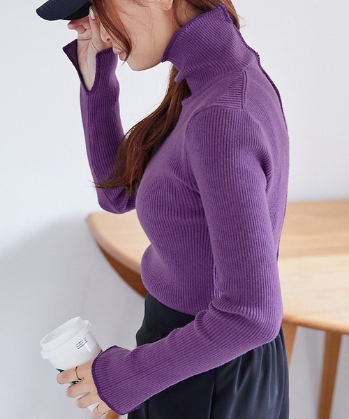 Chaco closet（チャコ クローゼット）の「ステッチ配色リブニットタートルプルオーバー（ニット/セーター・レディース・ベージュ/パープル/オレンジ/ネイビー/グリーン/ブラック/オフホワイト・FREE）」の6枚目の写真