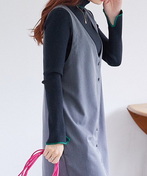 Chaco closet（チャコ クローゼット）の「ステッチ配色リブニットタートルプルオーバー（ニット/セーター・レディース・ベージュ/パープル/オレンジ/ネイビー/グリーン/ブラック/オフホワイト・FREE）」の10枚目の写真