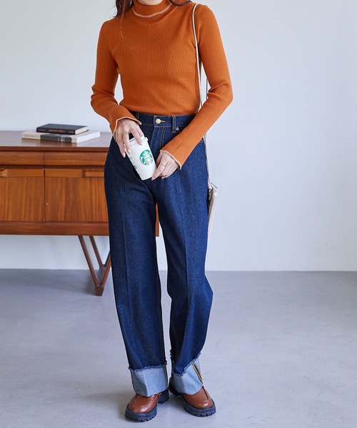 Chaco closet（チャコ クローゼット）の「ステッチ配色リブニットタートルプルオーバー（ニット/セーター・レディース・ベージュ/パープル/オレンジ/ネイビー/グリーン/ブラック/オフホワイト・FREE）」の12枚目の写真