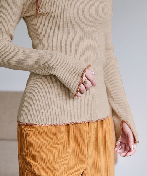 Chaco closet（チャコ クローゼット）の「ステッチ配色リブニットタートルプルオーバー（ニット/セーター・レディース・ベージュ/パープル/オレンジ/ネイビー/グリーン/ブラック/オフホワイト・FREE）」の21枚目の写真