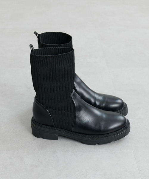 natural couture（ナチュラルクチュール）の「ソックスとブーツがドッキング/ニットコンビ厚底ブーツ（ブーツ・レディース・グレイッシュベージュ/ブラック・MEDIUM/LARGE）」の10枚目の写真
