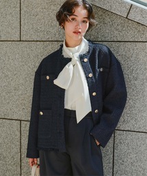 ノーカラージャケット（ブルー・ネイビー/青色系・フリンジ