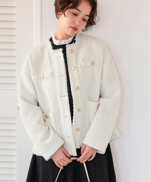 シナポテ　☆新品・タグ付☆　Reflect　ノーカラーツイードジャケット ツイードジャケット（ノーカラージャケット）｜titivate（ティティ