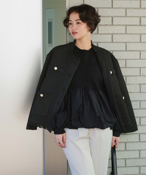 【More】ブラックノーカラージャケット ツイードジャケット セール】ツイードジャケット（ノーカラージャケット）｜titivate