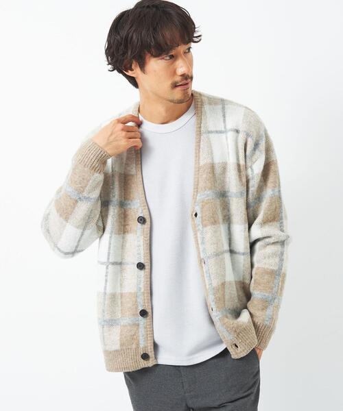 green label relaxing(グリーンレーベルリラクシング)の「チェック ジャカード 起毛 Vネック カーディガン(カーディガン/ボレロ・メンズ・ベージュ/ネイビー・S/M/XL/L)」の1枚目の写真