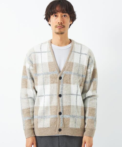 green label relaxing(グリーンレーベルリラクシング)の「チェック ジャカード 起毛 Vネック カーディガン(カーディガン/ボレロ・メンズ・ベージュ/ネイビー・S/M/XL/L)」の3枚目の写真