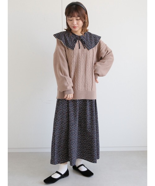 総額1万円以上【新品】エヘカソポ 2点セット 小花柄フラットカラーワンピース 前後着ブークレカーディガン ehka sopo（エヘカソポ）の「小花柄フラットカラーワンピース