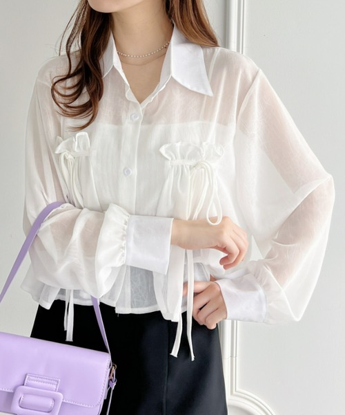 Loueme（ルエム）の「リボン＆フリルショート丈シアーシャツブラウス（シャツ/ブラウス・レディース・ミント/ピンク/ホワイト/ライトブルー/ブラック/アイボリー・FREE）」の2枚目の写真