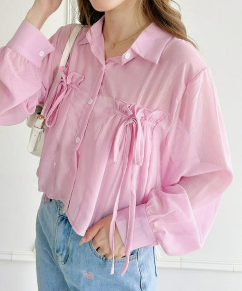 Loueme（ルエム）の「リボン＆フリルショート丈シアーシャツブラウス（シャツ/ブラウス・レディース・ミント/ピンク/ホワイト/ライトブルー/ブラック/アイボリー・FREE）」の6枚目の写真