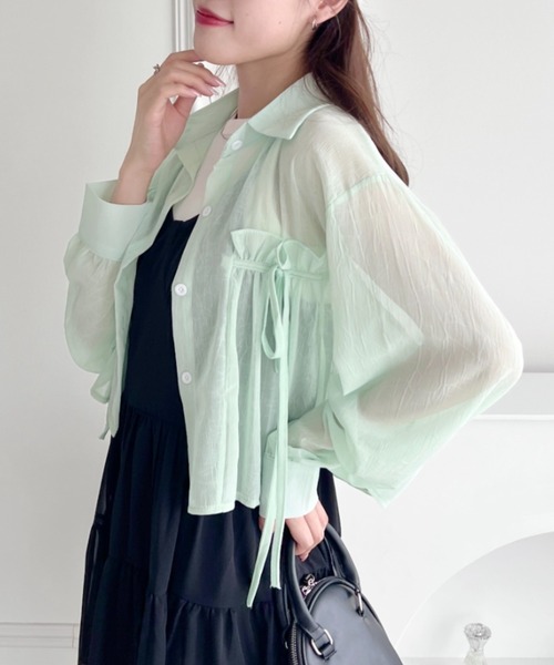Loueme（ルエム）の「リボン＆フリルショート丈シアーシャツブラウス（シャツ/ブラウス・レディース・ミント/ピンク/ホワイト/ライトブルー/ブラック/アイボリー・FREE）」の4枚目の写真