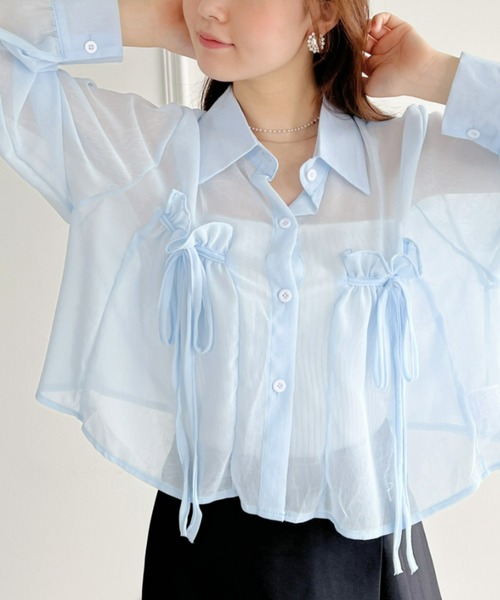 Loueme（ルエム）の「リボン＆フリルショート丈シアーシャツブラウス（シャツ/ブラウス・レディース・ミント/ピンク/ホワイト/ライトブルー/ブラック/アイボリー・FREE）」の5枚目の写真