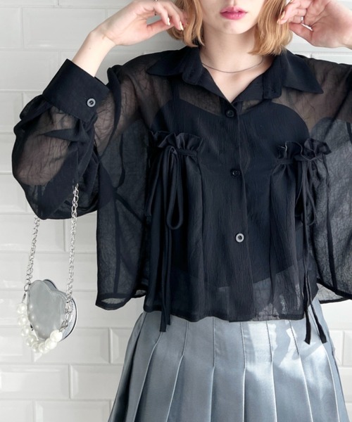 Loueme（ルエム）の「リボン＆フリルショート丈シアーシャツブラウス（シャツ/ブラウス・レディース・ミント/ピンク/ホワイト/ライトブルー/ブラック/アイボリー・FREE）」の3枚目の写真