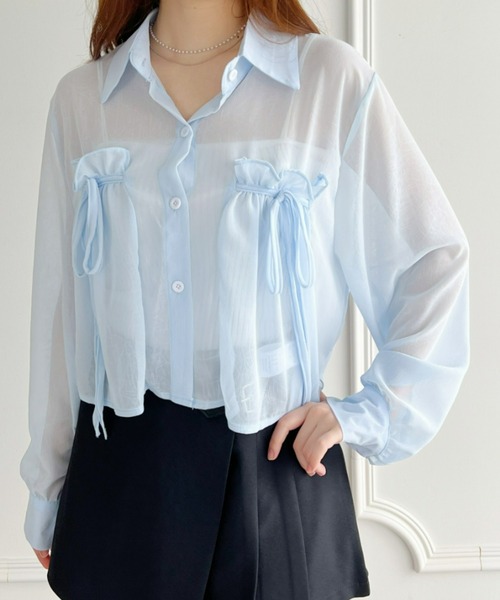 Loueme（ルエム）の「リボン＆フリルショート丈シアーシャツブラウス（シャツ/ブラウス・レディース・ミント/ピンク/ホワイト/ライトブルー/ブラック/アイボリー・FREE）」の7枚目の写真