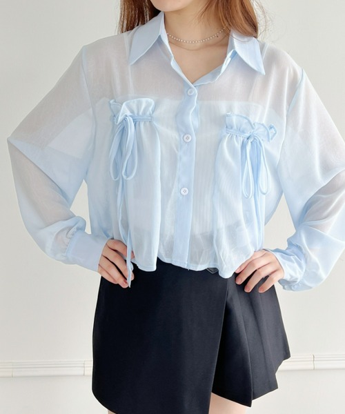 Loueme（ルエム）の「リボン＆フリルショート丈シアーシャツブラウス（シャツ/ブラウス・レディース・ミント/ピンク/ホワイト/ライトブルー/ブラック/アイボリー・FREE）」の8枚目の写真