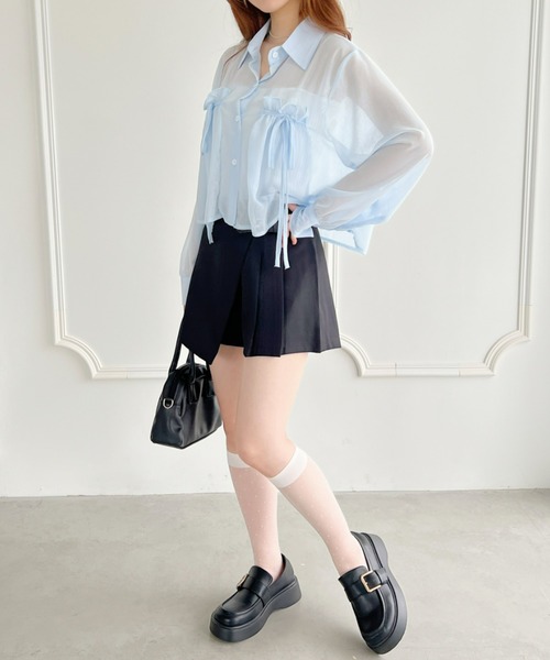 Loueme（ルエム）の「リボン＆フリルショート丈シアーシャツブラウス（シャツ/ブラウス・レディース・ミント/ピンク/ホワイト/ライトブルー/ブラック/アイボリー・FREE）」の13枚目の写真