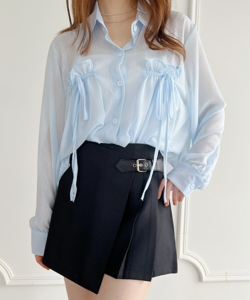 Loueme（ルエム）の「リボン＆フリルショート丈シアーシャツブラウス（シャツ/ブラウス・レディース・ミント/ピンク/ホワイト/ライトブルー/ブラック/アイボリー・FREE）」の10枚目の写真