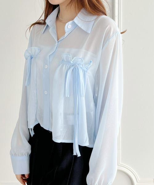 Loueme（ルエム）の「リボン＆フリルショート丈シアーシャツブラウス（シャツ/ブラウス・レディース・ミント/ピンク/ホワイト/ライトブルー/ブラック/アイボリー・FREE）」の9枚目の写真