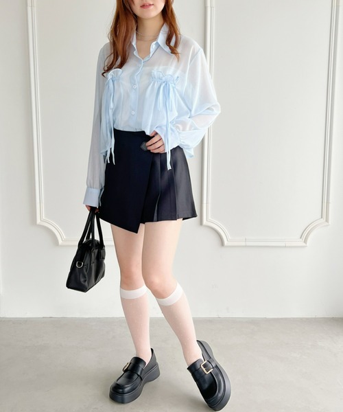 Loueme（ルエム）の「リボン＆フリルショート丈シアーシャツブラウス（シャツ/ブラウス・レディース・ミント/ピンク/ホワイト/ライトブルー/ブラック/アイボリー・FREE）」の12枚目の写真