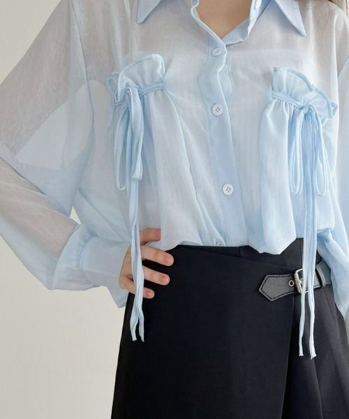 Loueme（ルエム）の「リボン＆フリルショート丈シアーシャツブラウス（シャツ/ブラウス・レディース・ミント/ピンク/ホワイト/ライトブルー/ブラック/アイボリー・FREE）」の11枚目の写真