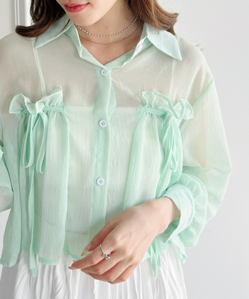 Loueme（ルエム）の「リボン＆フリルショート丈シアーシャツブラウス（シャツ/ブラウス・レディース・ミント/ピンク/ホワイト/ライトブルー/ブラック/アイボリー・FREE）」の21枚目の写真
