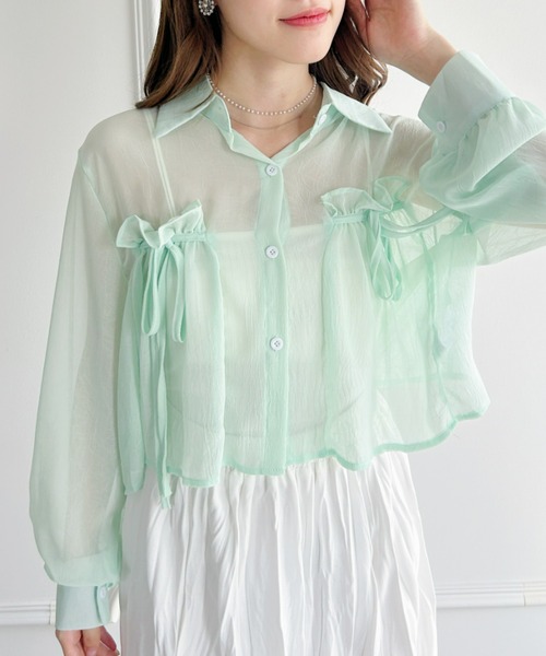 Loueme（ルエム）の「リボン＆フリルショート丈シアーシャツブラウス（シャツ/ブラウス・レディース・ミント/ピンク/ホワイト/ライトブルー/ブラック/アイボリー・FREE）」の22枚目の写真
