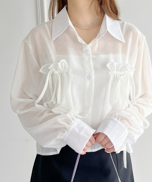 Loueme（ルエム）の「リボン＆フリルショート丈シアーシャツブラウス（シャツ/ブラウス・レディース・ミント/ピンク/ホワイト/ライトブルー/ブラック/アイボリー・FREE）」の14枚目の写真