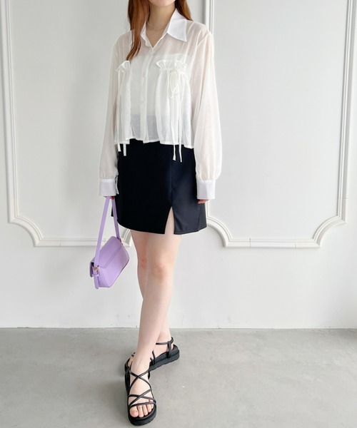 Loueme（ルエム）の「リボン＆フリルショート丈シアーシャツブラウス（シャツ/ブラウス・レディース・ミント/ピンク/ホワイト/ライトブルー/ブラック/アイボリー・FREE）」の19枚目の写真