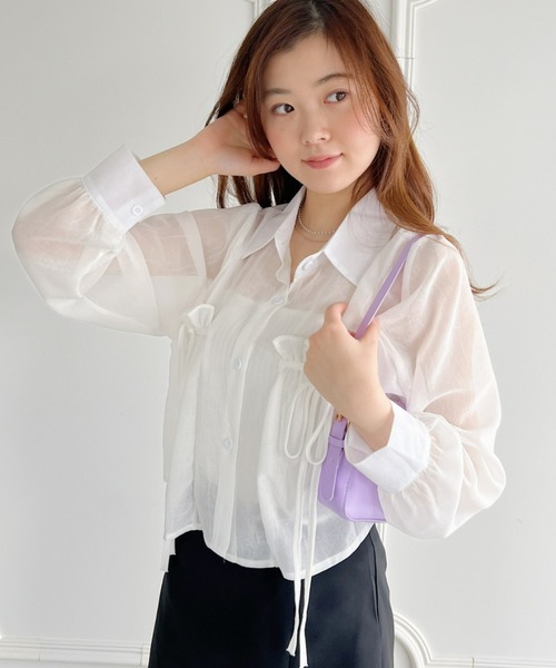 Loueme（ルエム）の「リボン＆フリルショート丈シアーシャツブラウス（シャツ/ブラウス・レディース・ミント/ピンク/ホワイト/ライトブルー/ブラック/アイボリー・FREE）」の16枚目の写真