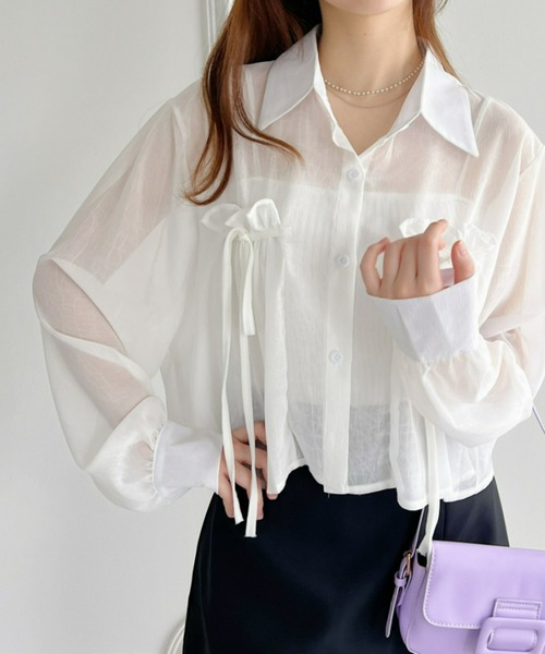 Loueme（ルエム）の「リボン＆フリルショート丈シアーシャツブラウス（シャツ/ブラウス・レディース・ミント/ピンク/ホワイト/ライトブルー/ブラック/アイボリー・FREE）」の15枚目の写真