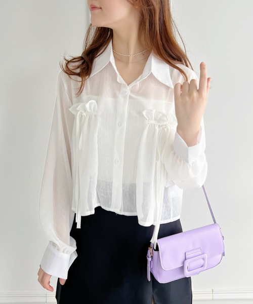 Loueme（ルエム）の「リボン＆フリルショート丈シアーシャツブラウス（シャツ/ブラウス・レディース・ミント/ピンク/ホワイト/ライトブルー/ブラック/アイボリー・FREE）」の17枚目の写真