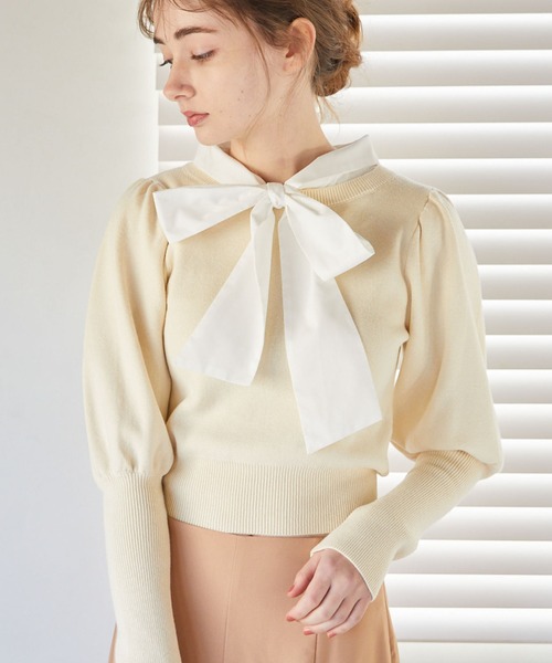 archives（アルシーヴ）の「２ｗａｙボウタイパフスリーブニット（ニット/セーター・レディース・ピンクベージュ/ブラック/アイボリー・MEDIUM）」の4枚目の写真