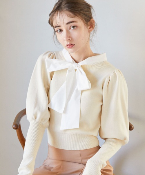 archives（アルシーヴ）の「２ｗａｙボウタイパフスリーブニット（ニット/セーター・レディース・ピンクベージュ/ブラック/アイボリー・MEDIUM）」の6枚目の写真