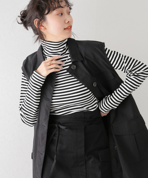 B.C STOCK（ベーセーストック）の「ORIGINAL ボーダータートルカットソー（Tシャツ/カットソー・レディース・ベージュ/ブラウン/ブラック・FREE）」の4枚目の写真