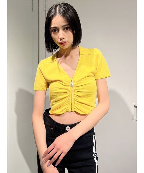 GYDA（ジェイダ）の「FRONT ZIP UP POLOニットトップス（ニット/セーター・レディース・イエロー/ブラック/オフホワイト・FREE）」の3枚目の写真