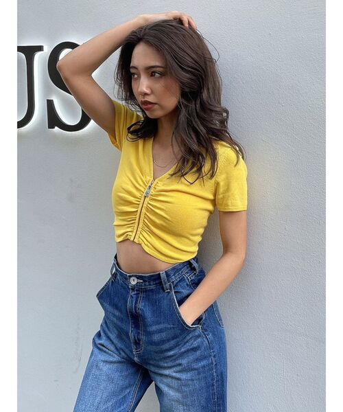 GYDA（ジェイダ）の「FRONT ZIP UP POLOニットトップス（ニット/セーター・レディース・イエロー/ブラック/オフホワイト・FREE）」の5枚目の写真