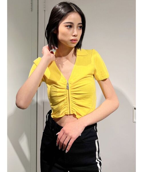 GYDA（ジェイダ）の「FRONT ZIP UP POLOニットトップス（ニット/セーター・レディース・イエロー/ブラック/オフホワイト・FREE）」の10枚目の写真