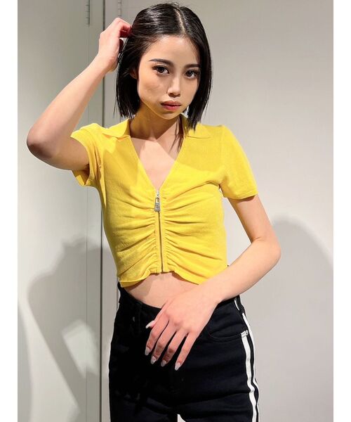 GYDA（ジェイダ）の「FRONT ZIP UP POLOニットトップス（ニット/セーター・レディース・イエロー/ブラック/オフホワイト・FREE）」の12枚目の写真