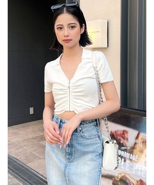 GYDA（ジェイダ）の「FRONT ZIP UP POLOニットトップス（ニット/セーター・レディース・イエロー/ブラック/オフホワイト・FREE）」の16枚目の写真